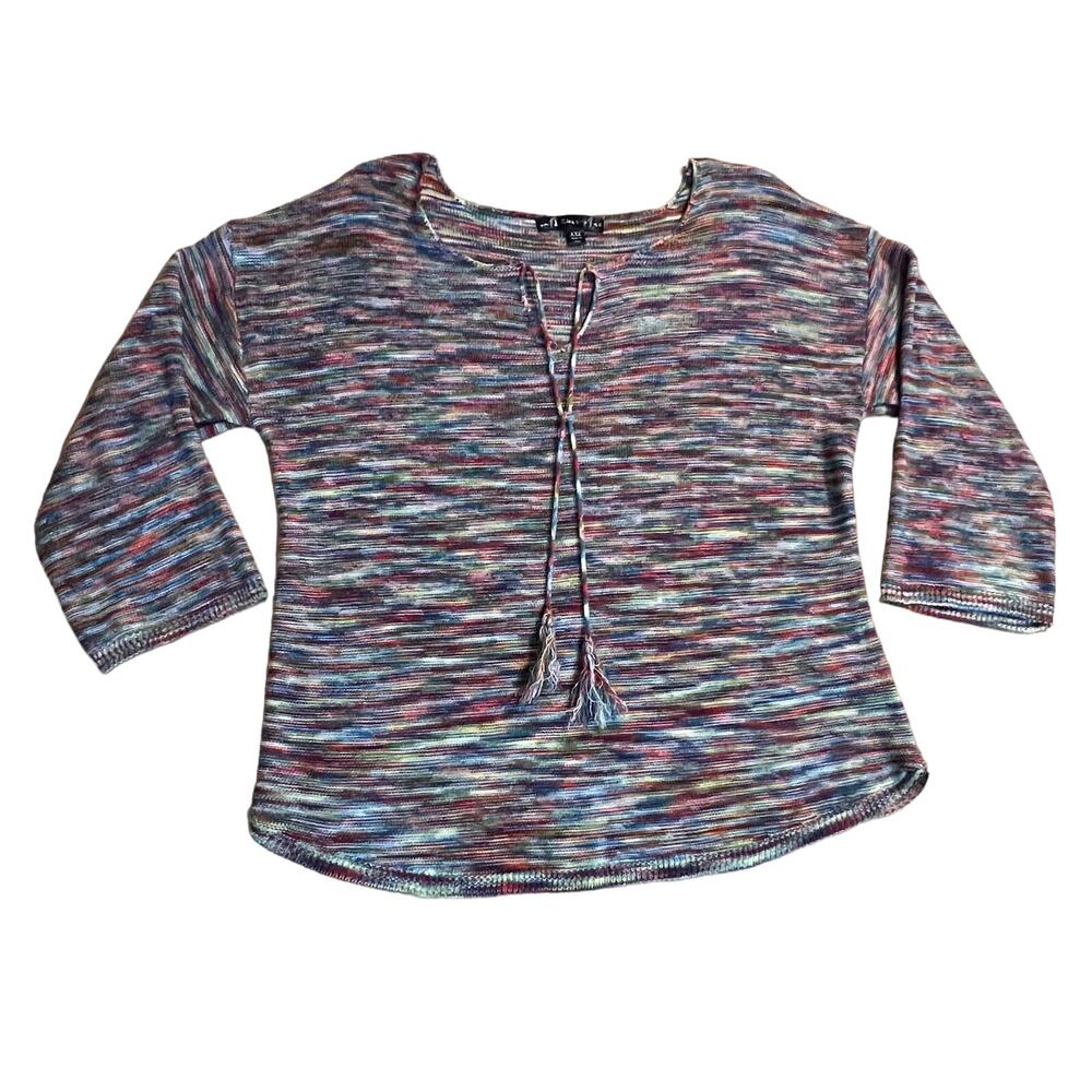 Wild Flower Multicolor‎ Blended Fabric 3/4 Sleeve Scoop Neck w/Tassels Size XXL